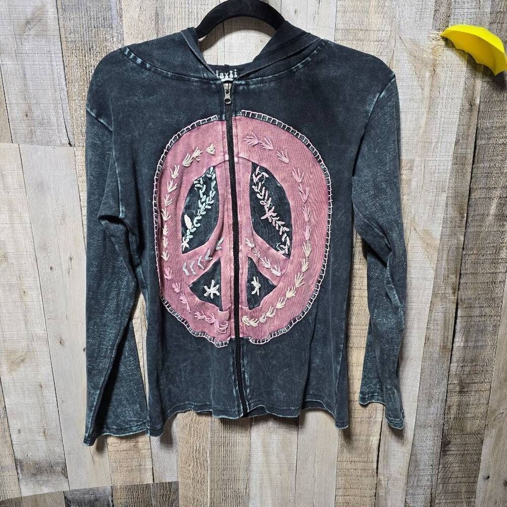 Jayli Black Acid Wash Peace Sign Embroidered Hippie Indie Hoodie Jacket